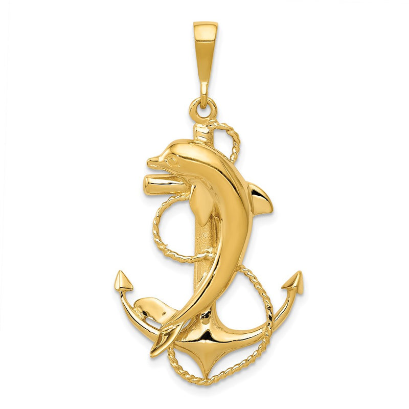 14k Yellow Gold Solid Polished Anchor with Dolphin Pendant