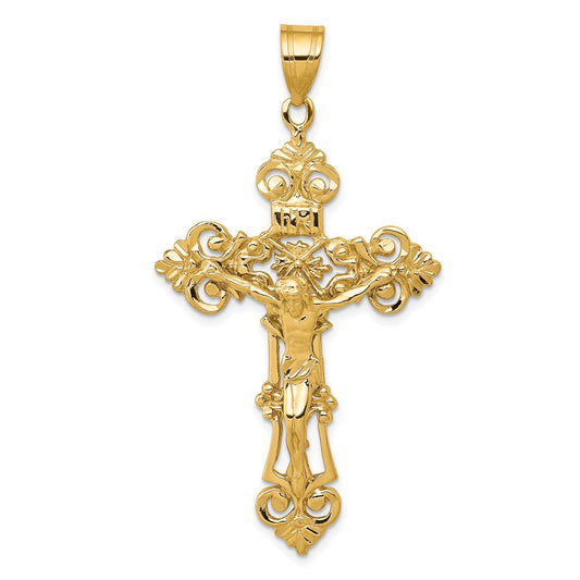 14k Yellow Gold INRI Fleur De Lis Crucifix Pendant