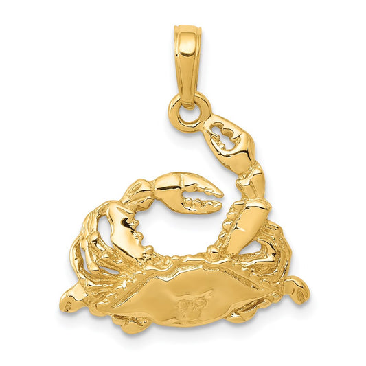 14k Yellow Gold Polished Open-Backed Blue Crab Pendant