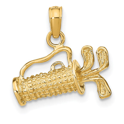 14k Yellow Gold Solid Polished 3-D Golf Bag With Clubs Charm