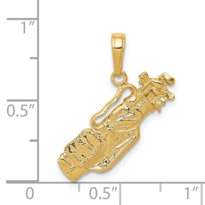14k Yellow Gold Solid Polished Open-Backed Golf Bag with Clubs Charm