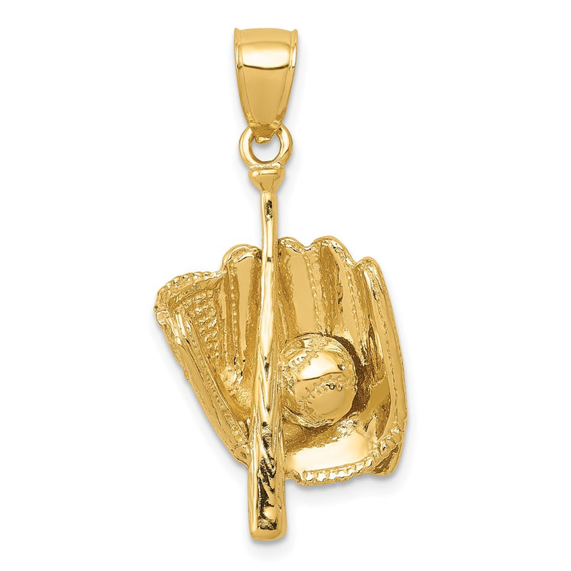 14k Yellow Gold Polished 3-D Glove/Bat/Baseball Pendant