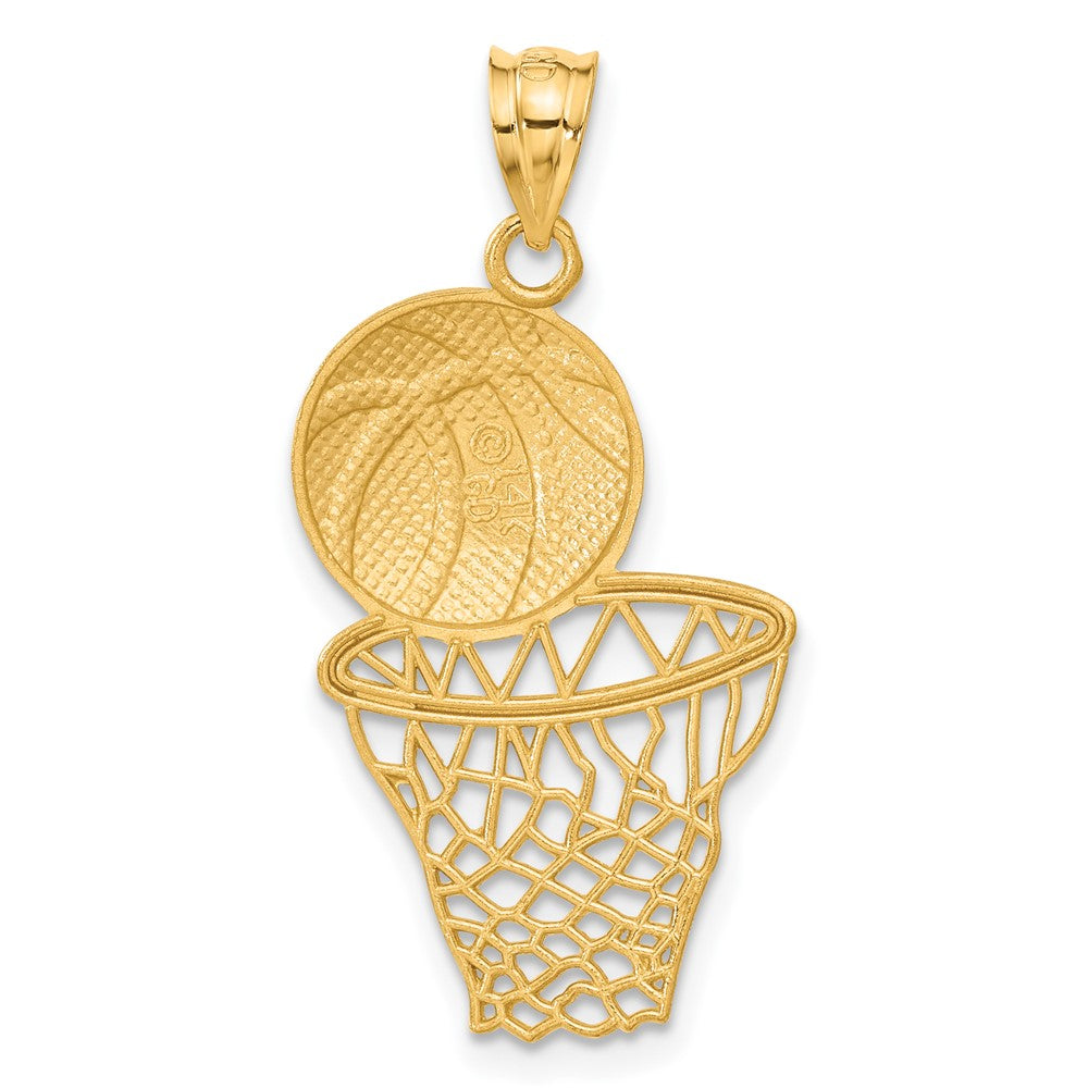 14k Yellow Gold Satin Diamond-Cut Basketball and Net Pendant