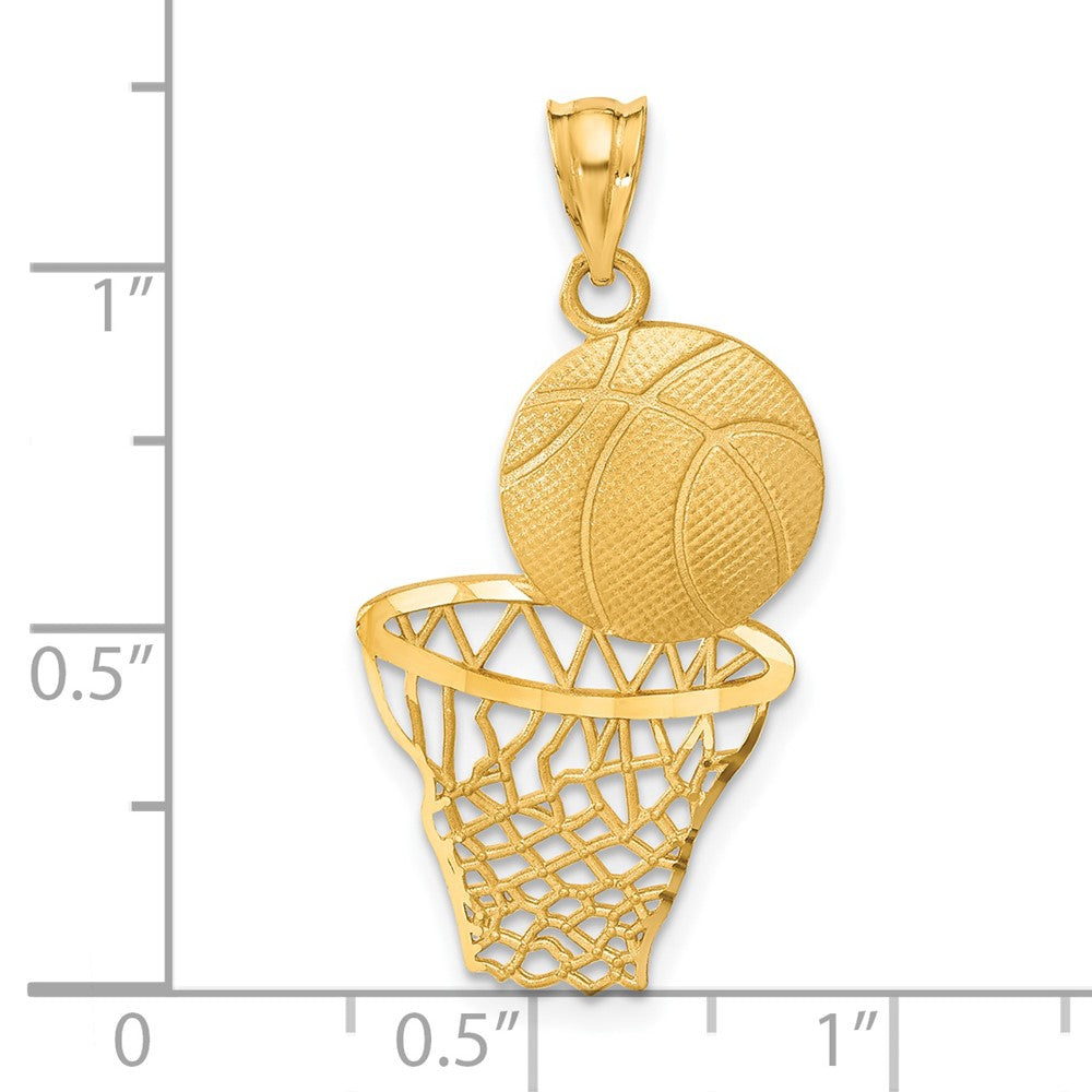 14k Yellow Gold Satin Diamond-Cut Basketball and Net Pendant