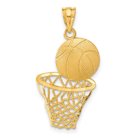 14k Yellow Gold Satin Diamond-Cut Basketball and Net Pendant