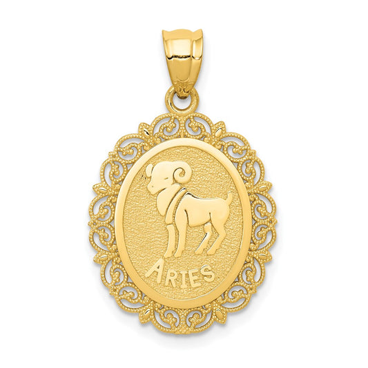 14k Yellow Gold Solid Satin Polished Aries Zodiac Oval Pendant
