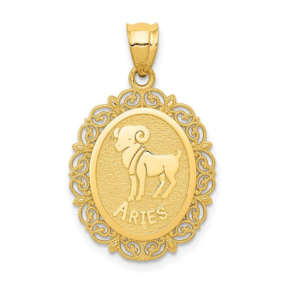 14k Yellow Gold Solid Satin Polished Aries Zodiac Oval Pendant