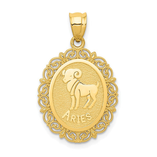 14k Yellow Gold Solid Satin Polished Aries Zodiac Oval Pendant