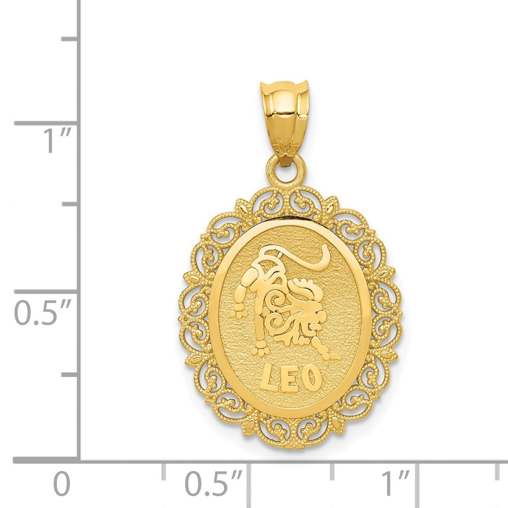 14k Yellow Gold Solid Satin Polished Leo Zodiac Oval Pendant