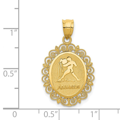 14k Yellow Gold Solid Satin Polished Aquarius Zodiac Oval Pendant
