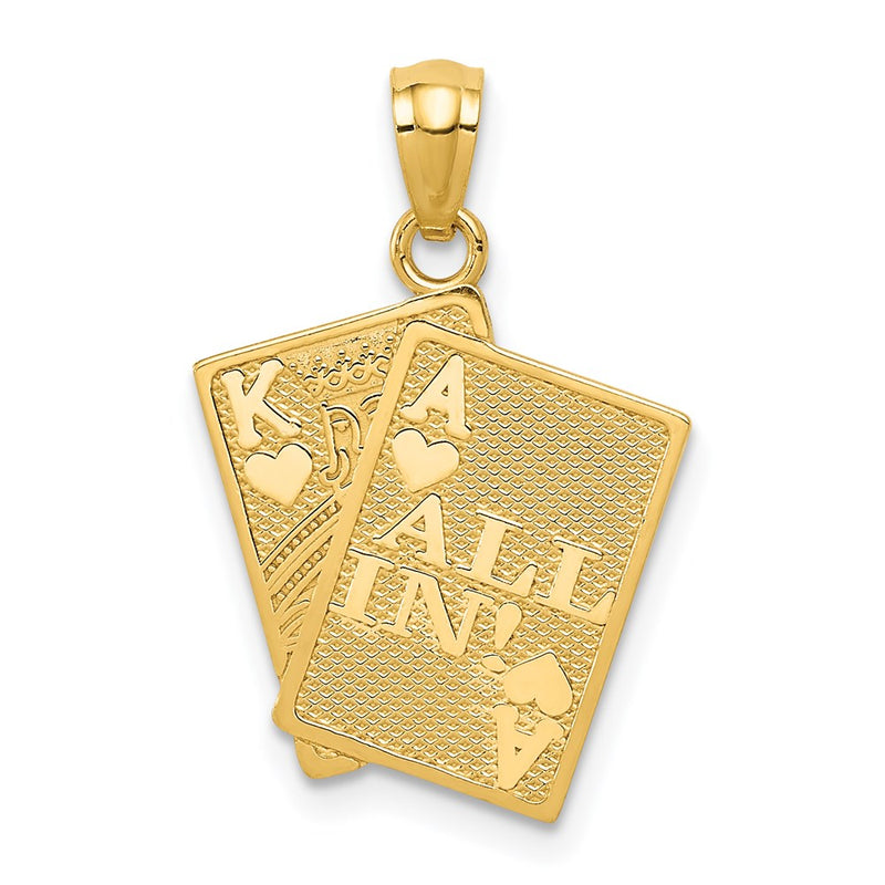 14k Yellow Gold Ace of Hearts and King of Hearts ALL IN! Cards Pendant