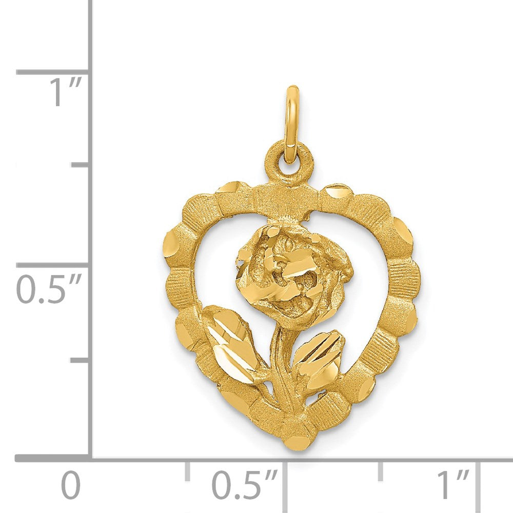 14k Yellow Gold Polished and D/C Flower in Heart Pendant