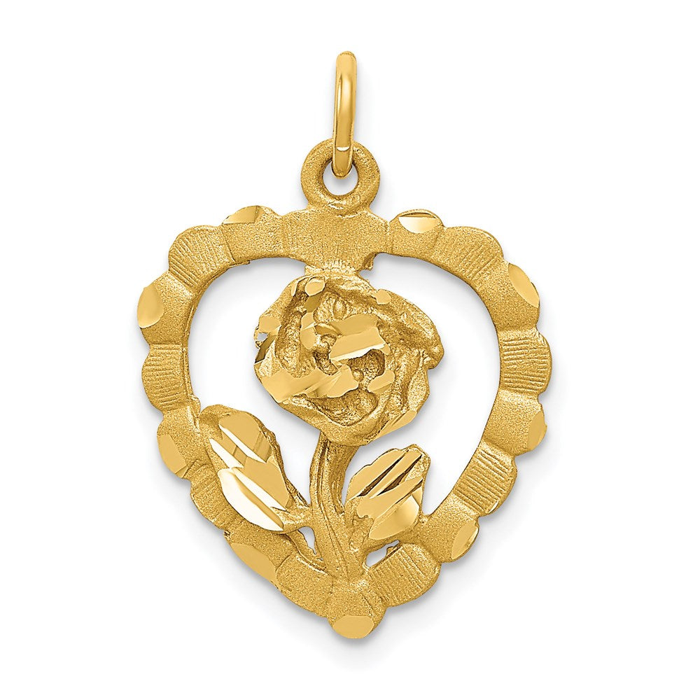 14k Yellow Gold Polished and D/C Flower in Heart Pendant