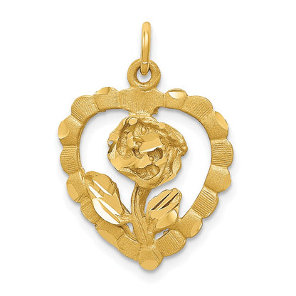14k Yellow Gold Polished and D/C Flower in Heart Pendant