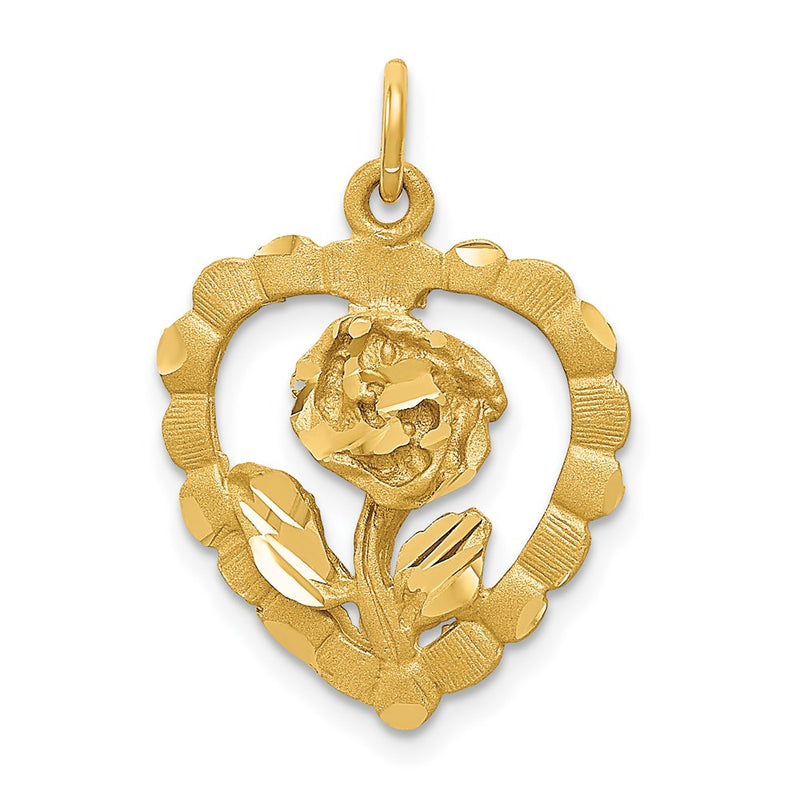 14k Yellow Gold Polished and D/C Flower in Heart Pendant