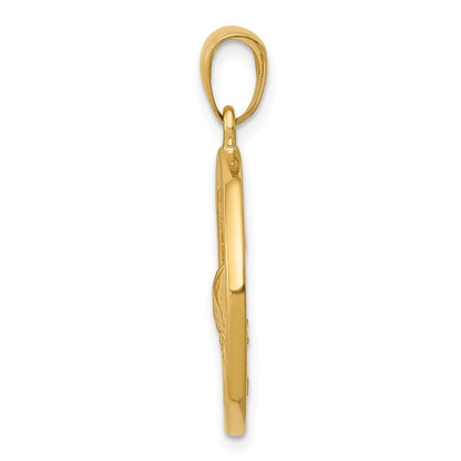14k Yellow Gold Whale Tail in Circle with Waves Pendant