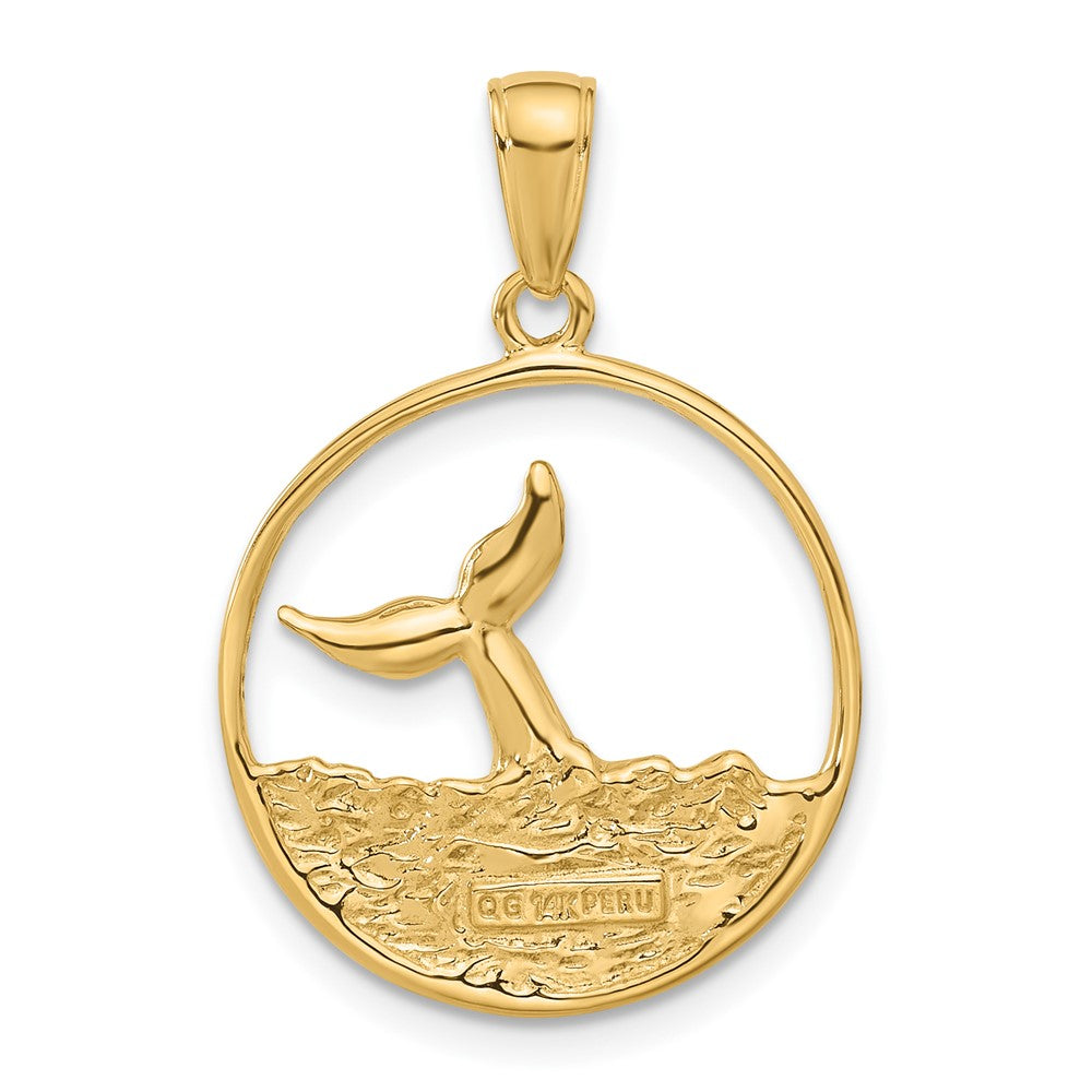14k Yellow Gold Whale Tail in Circle with Waves Pendant