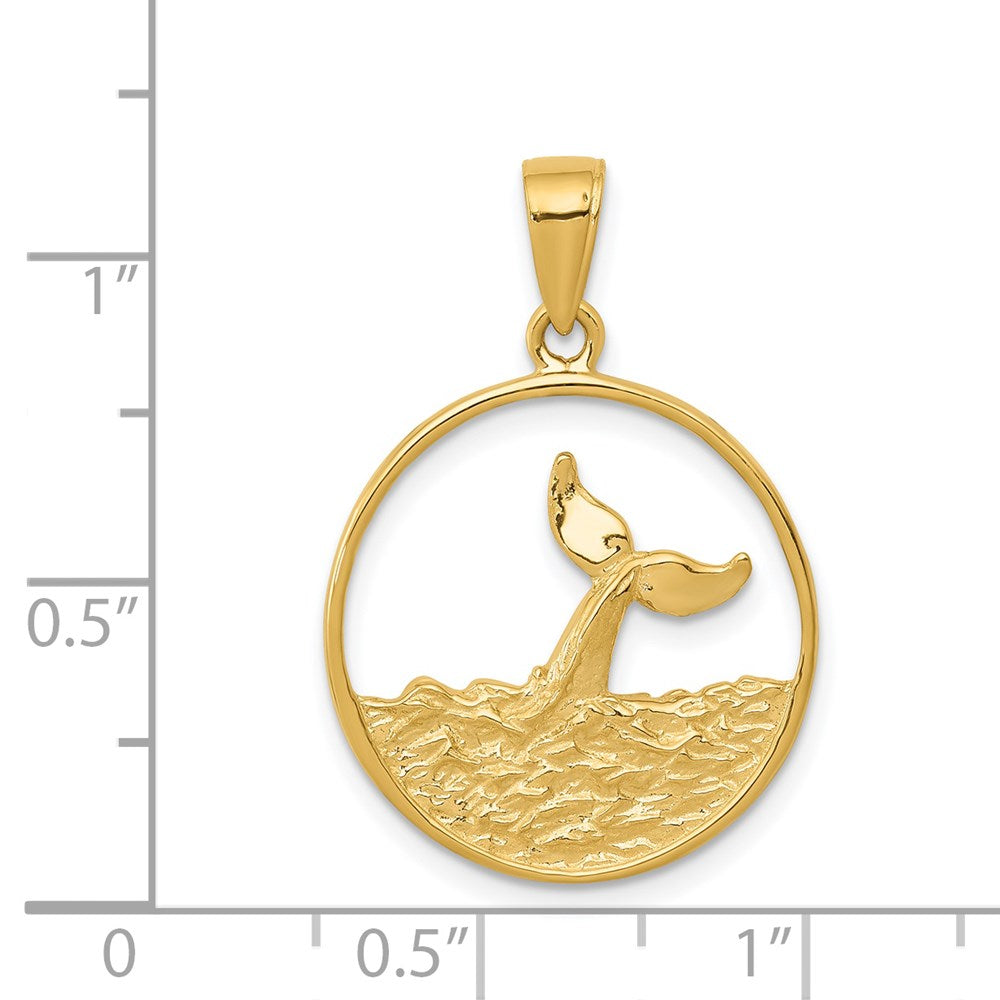 14k Yellow Gold Whale Tail in Circle with Waves Pendant
