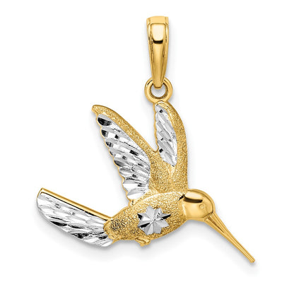 14k Yellow & Rhodium Gold w/Rhodium Diamond-cut Humming Bird Pendant