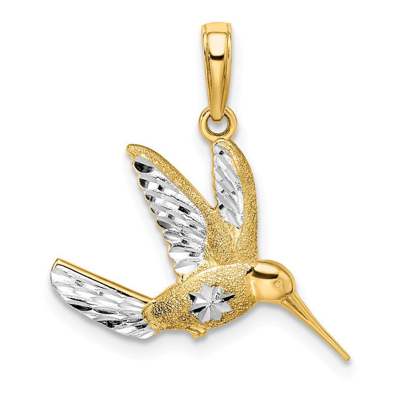 14k Yellow & Rhodium Gold w/Rhodium Diamond-cut Humming Bird Pendant