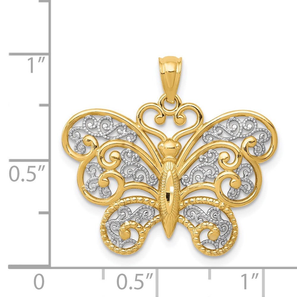 14k Yellow & Rhodium Gold with Rhodium Filigree Butterfly Pendant