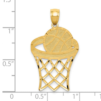 14k Yellow Gold Basketball in Hoop Diamond Cut Pendant