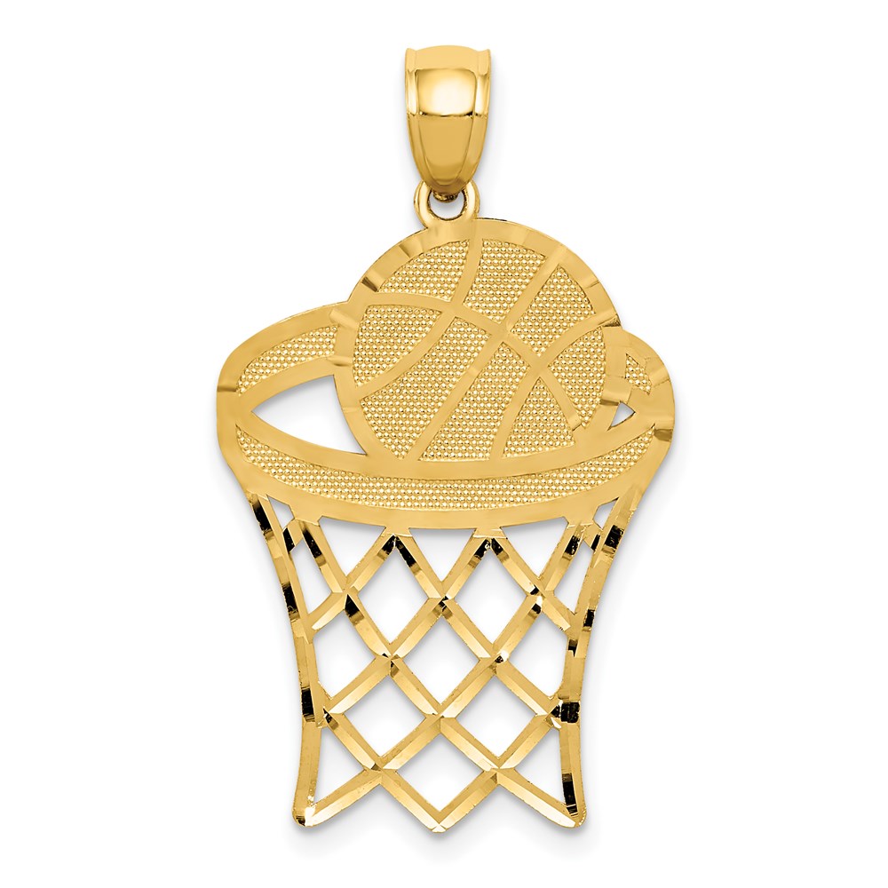 14k Yellow Gold Basketball in Hoop Diamond Cut Pendant