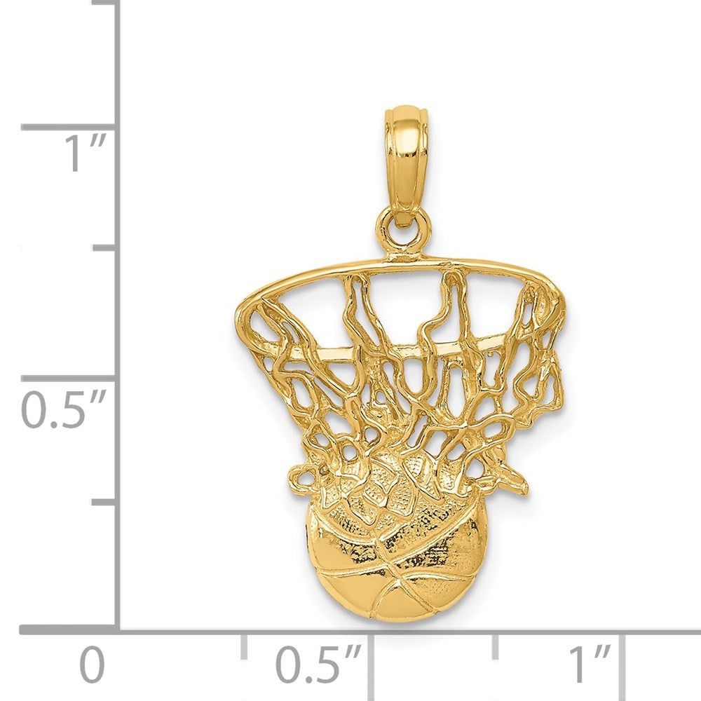 14k Yellow Gold Swoosh Basketball and Net Pendant