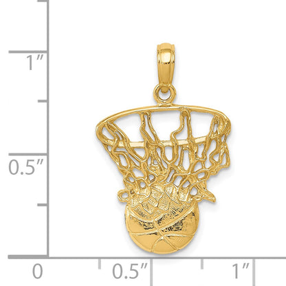 14k Yellow Gold Swoosh Basketball and Net Pendant