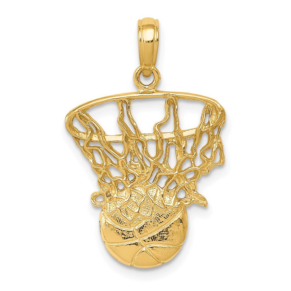 14k Yellow Gold Swoosh Basketball and Net Pendant