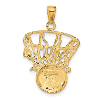 14k Yellow Gold Swoosh Basketball and Net Pendant