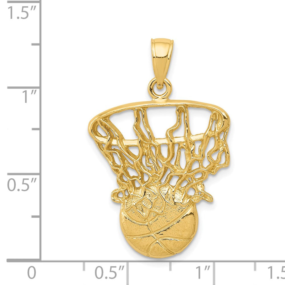14k Yellow Gold Swoosh Basketball and Net Pendant