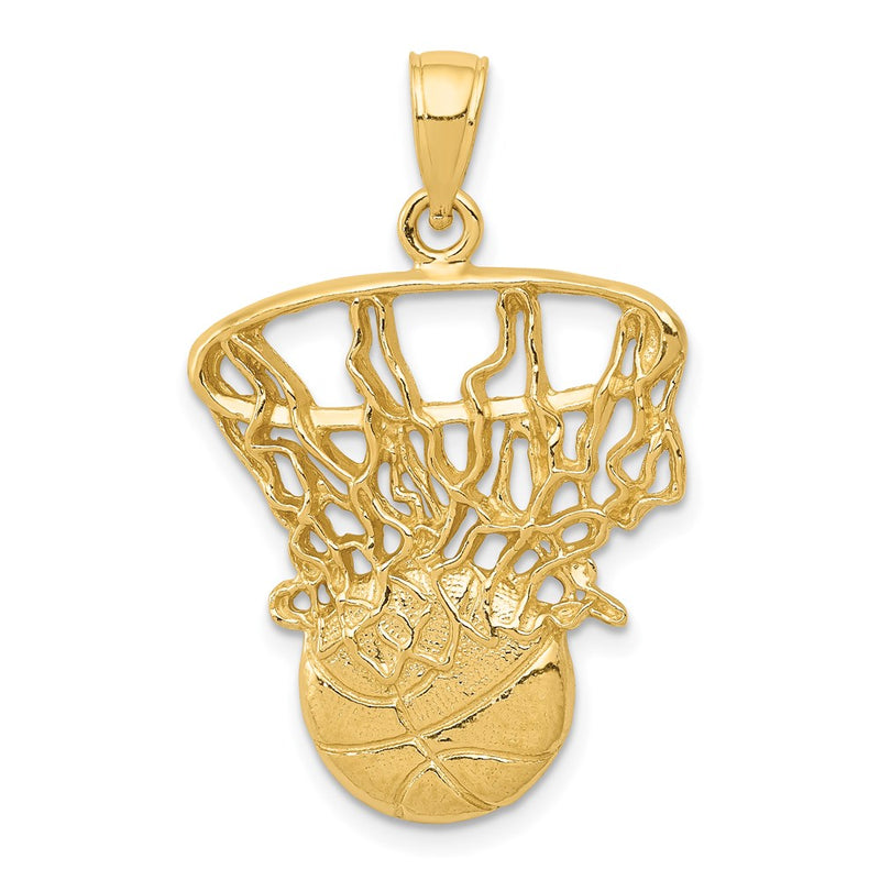 14k Yellow Gold Swoosh Basketball and Net Pendant