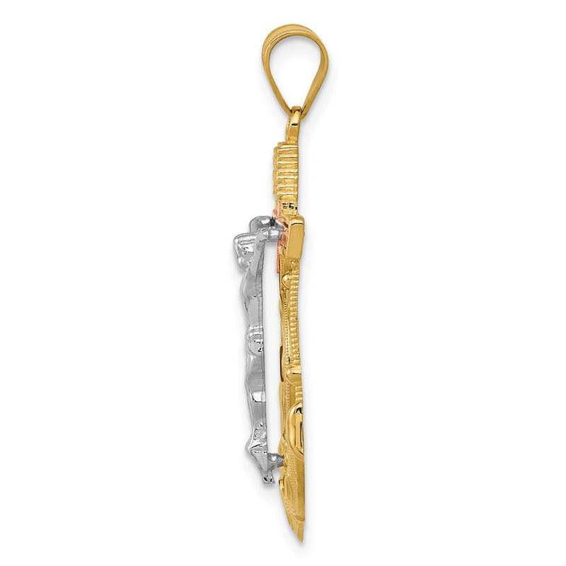 14k Tri-Color Gold Diamond-cut w/Textured Mariner's Cross Pendant
