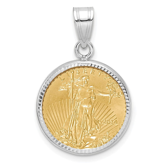 Wideband Distinguished Coin Jewelry 14k White Goldw Diamond-cut Prong Mounted 1/10oz American Eagle Coin Bezel Pendant