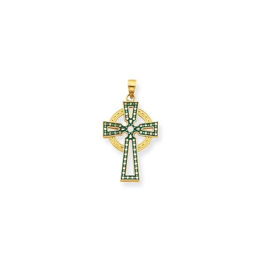 14k Yellow Gold Green & White Enameled Diamond-cut Celtic Cross Pendant
