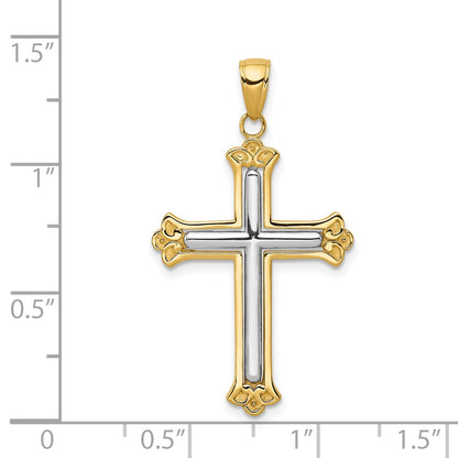 14k Yellow & Rhodium Gold w/Rhodium Budded Yellow Cross Frame Pendant