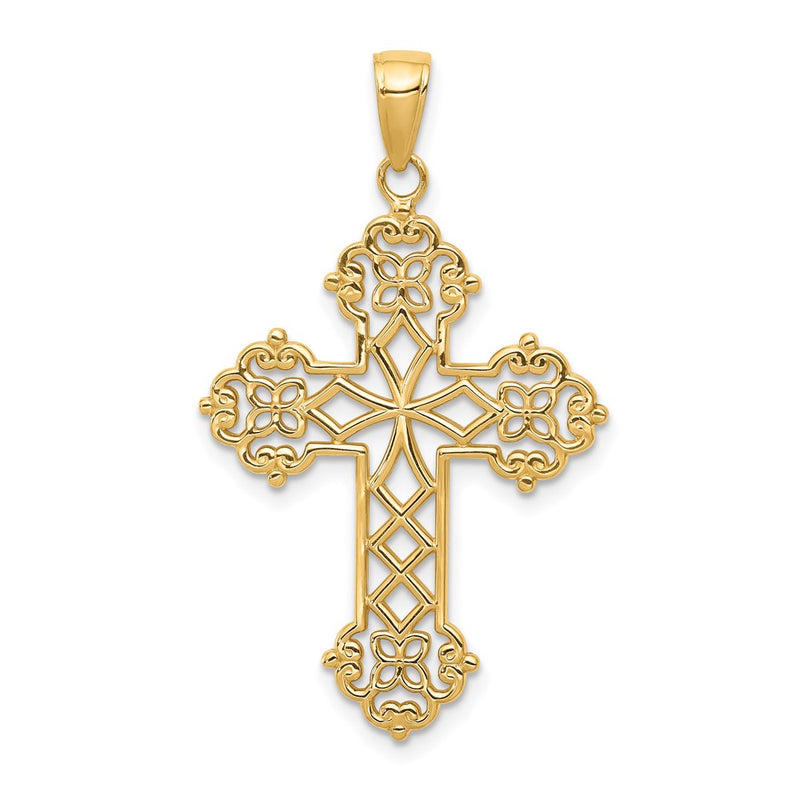 14k Yellow Gold Lacey Budded Cross Pendant