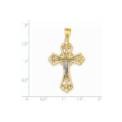 14k Two-tone Gold Sunburst Center Budded Crucifix Pendant