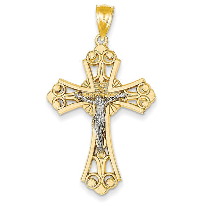 14k Two-tone Gold Sunburst Center Budded Crucifix Pendant