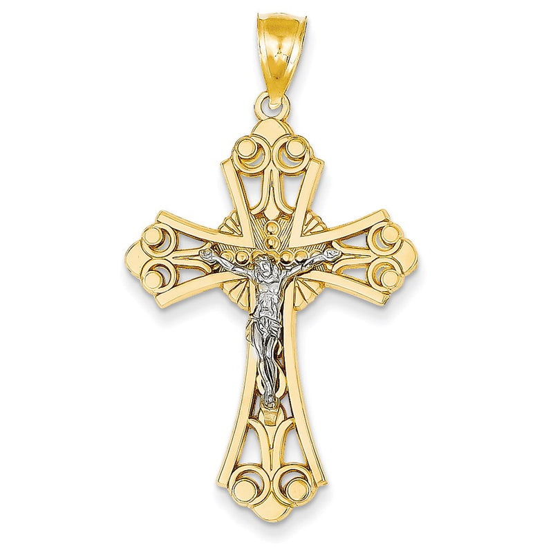 14k Two-tone Gold Sunburst Center Budded Crucifix Pendant
