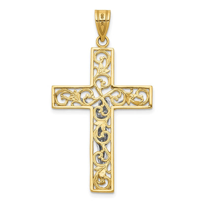 14k Two-tone Gold Two-tone Gold D/C Large Block Filigree Crucifix Pendant