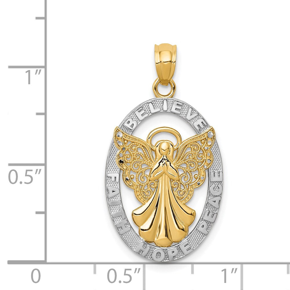 14k Yellow & Rhodium Gold W/Rhodium BELIEVE PEACE FAITH HOPE Angel Pendant