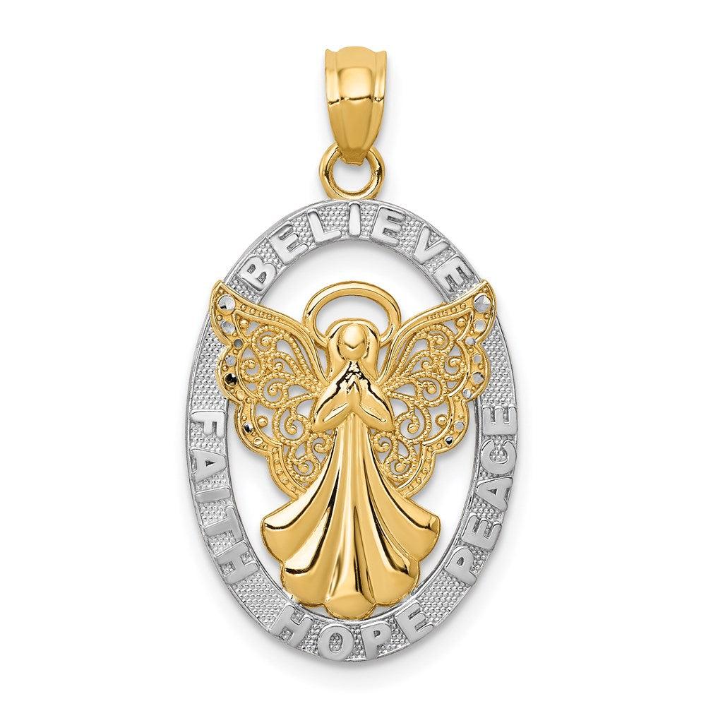 14k Yellow & Rhodium Gold W/Rhodium BELIEVE PEACE FAITH HOPE Angel Pendant