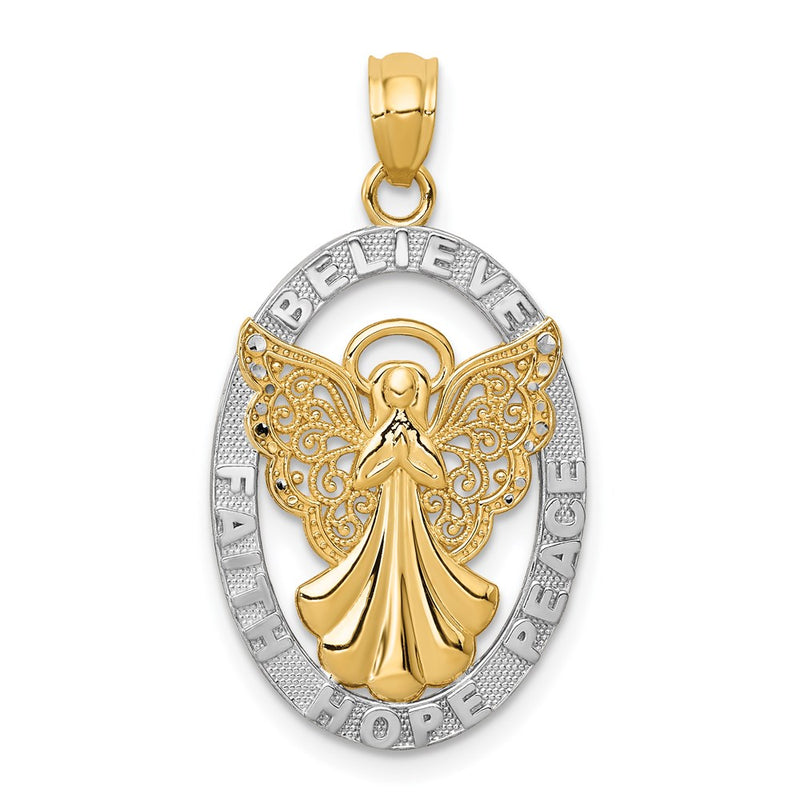 14k Yellow & Rhodium Gold W/Rhodium BELIEVE PEACE FAITH HOPE Angel Pendant