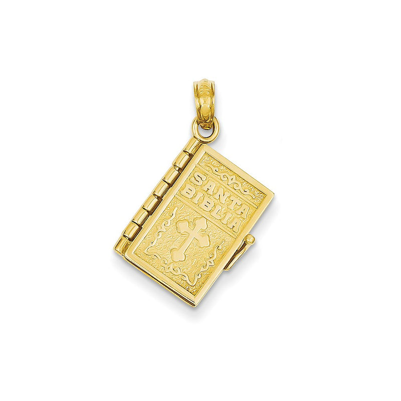 14k Yellow Gold 3-D Moveable Pages Santa Biblia Book Pendant