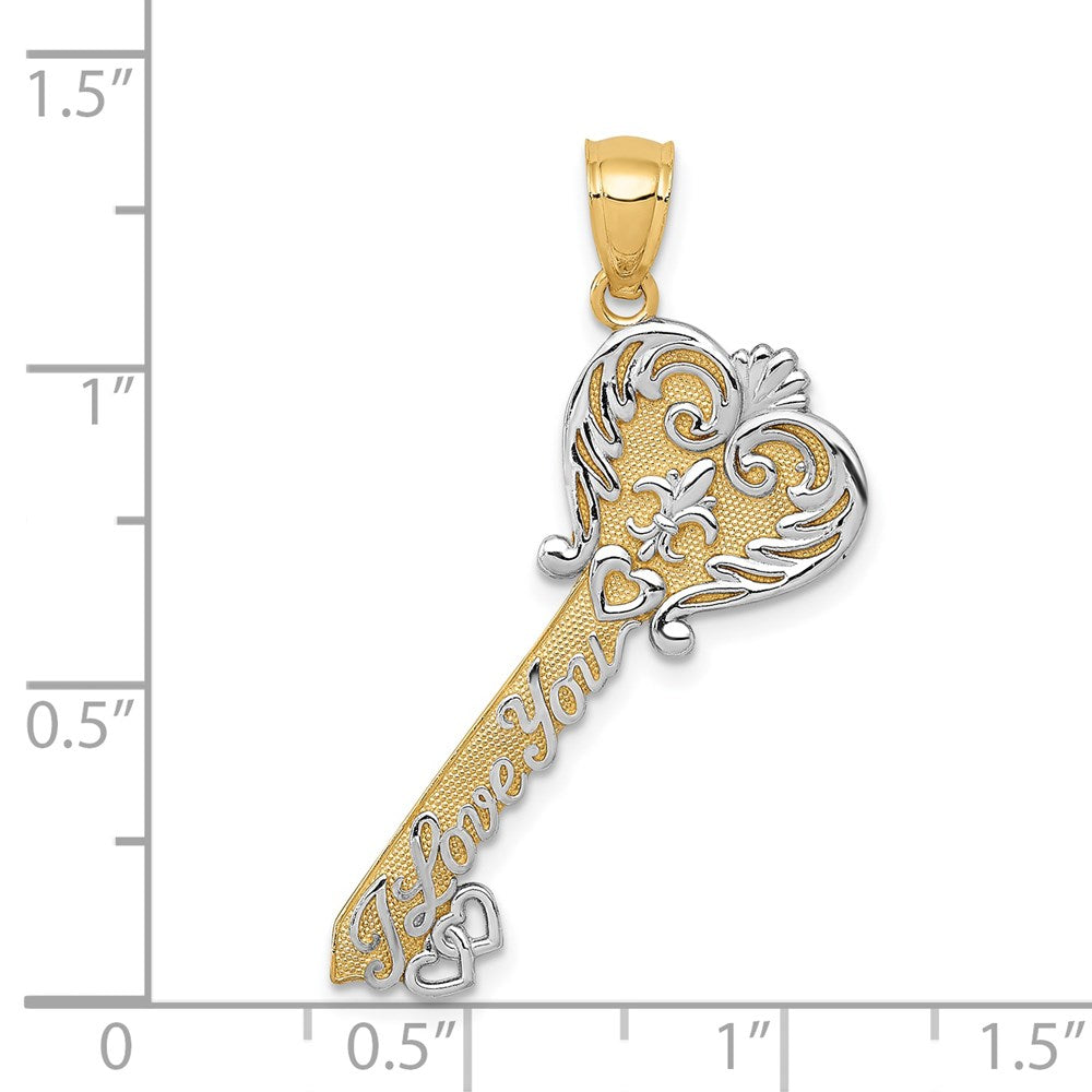 14k Yellow & Rhodium Gold w/White Rhodium Polished I LOVE YOU Filigree Heart Key Charm
