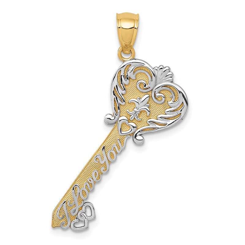 14k Yellow & Rhodium Gold w/White Rhodium Polished I LOVE YOU Filigree Heart Key Charm