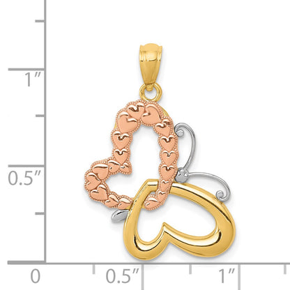 14k Two-tone Gold Gold w/White Rhodium Butterfly w/Hearts Pendant