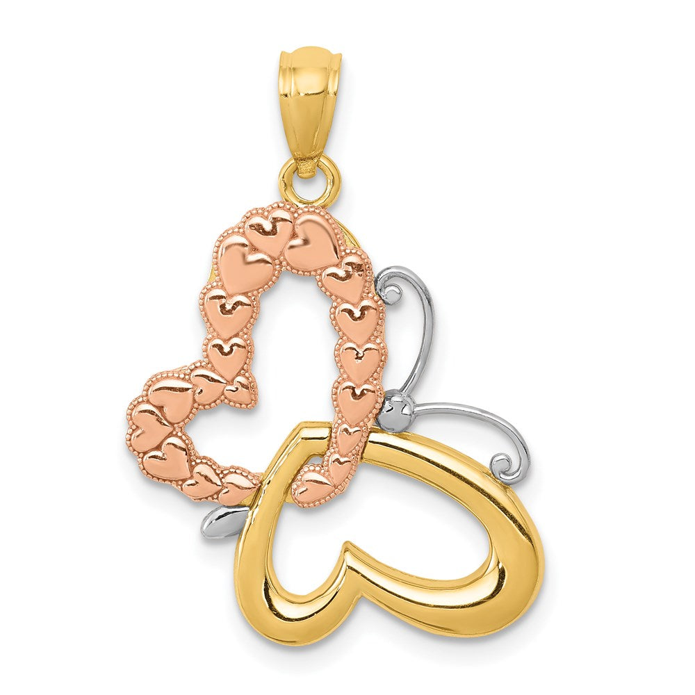 14k Two-tone Gold Gold w/White Rhodium Butterfly w/Hearts Pendant